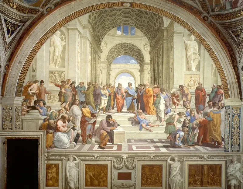 La Escuela de Atenas de Rafael, en las Estancias de Rafael de los Museos Vaticanos